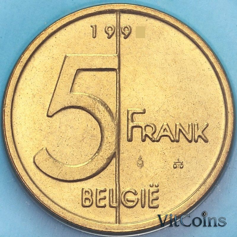 Монета Бельгия 5 франков 1998 год. Фламандский вариант. BU