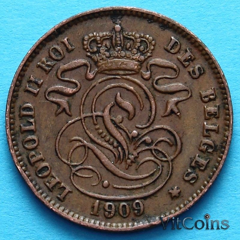 Монета Бельгии 2 сантима 1909 год. Французский вариант