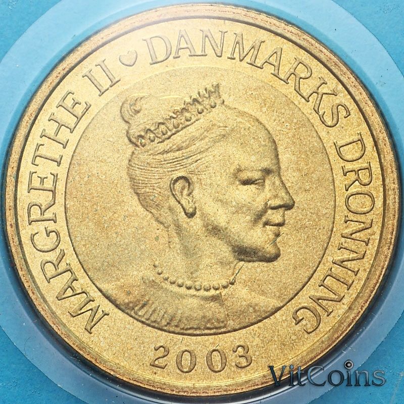 Монета Дании 20 крон 2003 год. Башня Кристиансборгского дворца. BU