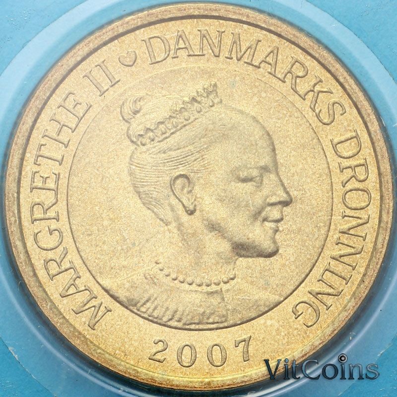 Монета Дании 20 крон 2007 год. Башня Ратуши в Копенгагене. BU