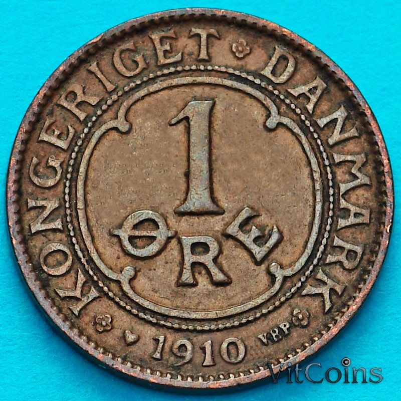Монета Дания 1 эре 1910 год.