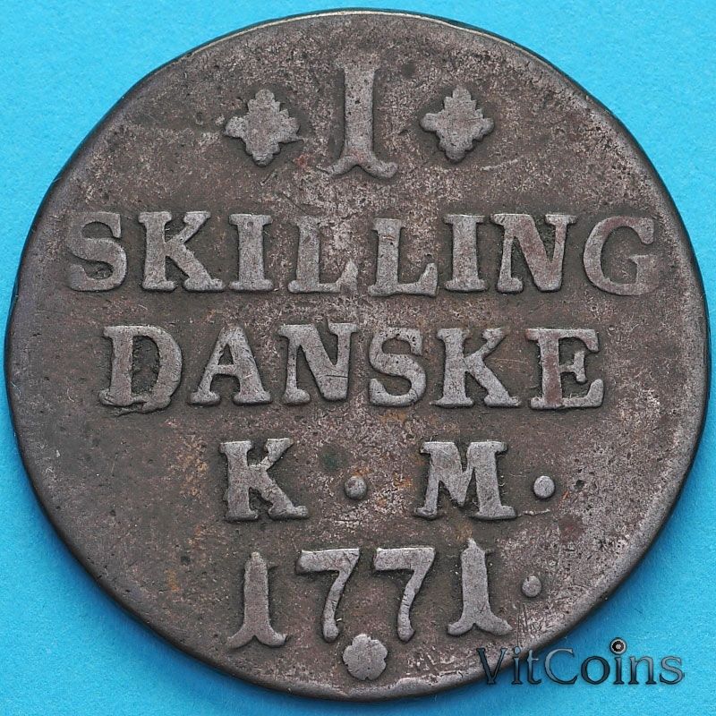 Монета Дания 1 скиллинг 1771 год.