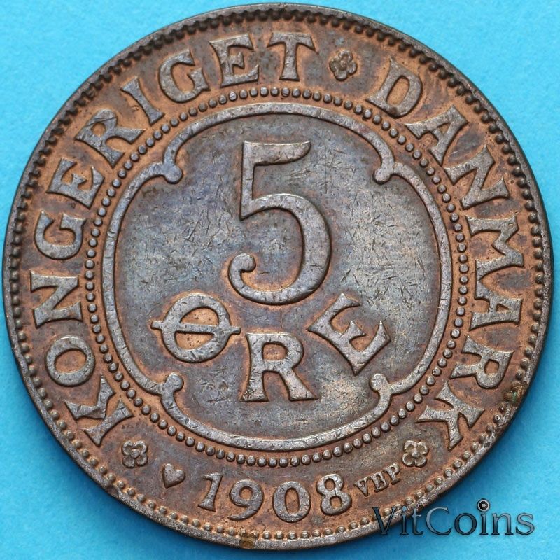 Монета Дания 5 эре 1908 год. VBP