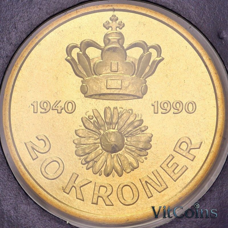 Монета Дания 20 крон 1990 год. 50 лет со дня рождения Королевы Маргрете II. BU