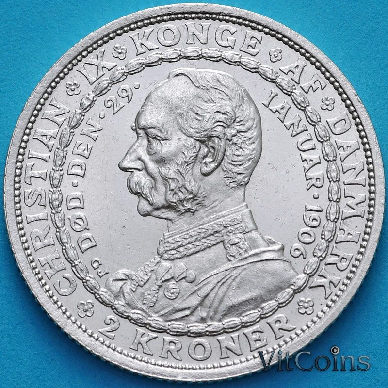 Монета Дании 2 кроны 1906 год. Кристиан IX и Фредерик VIII. Серебро.