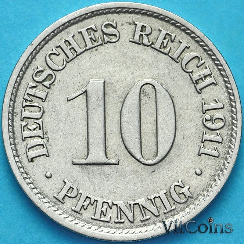Монета Германия 10 пфеннигов 1911 год. J.