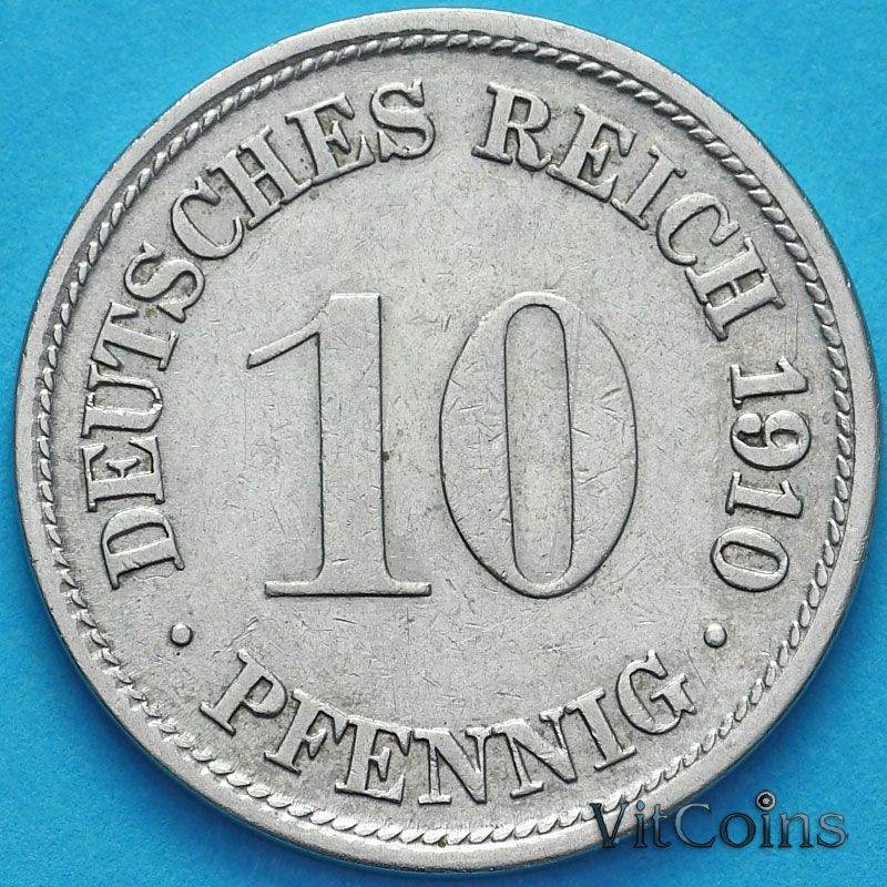 Монета Германия 10 пфеннигов 1910 год. F.