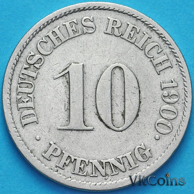 Монета Германия 10 пфеннигов 1900 год. J.