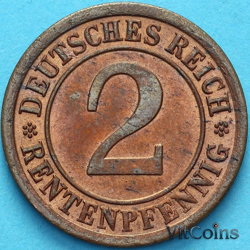 Монета Германия 2 рентенпфеннига 1924 год. А. aUNC