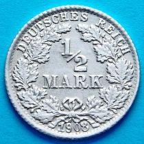 Германия 1/2 марки 1908 год. D.