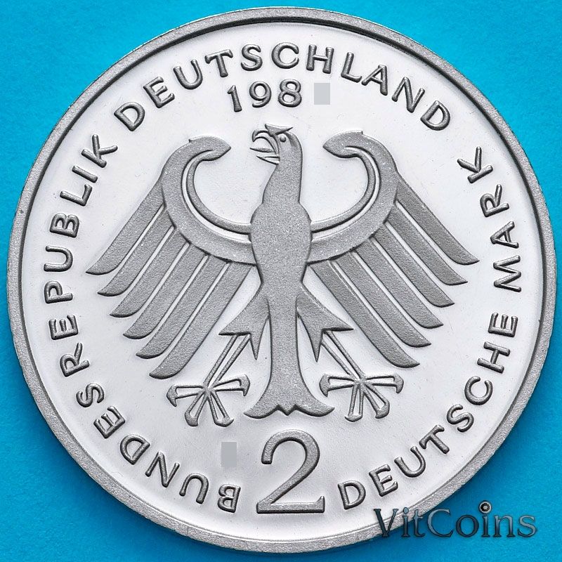 Монета ФРГ 2 марки 1981 год. Теодор Хойс. Пруф.F Монета ФРГ 2 марки 1981 год. Теодор Хойс. Пруф.F