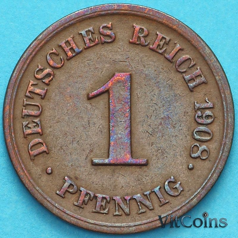 Монета Германия 1 пфенниг 1908 год. G.