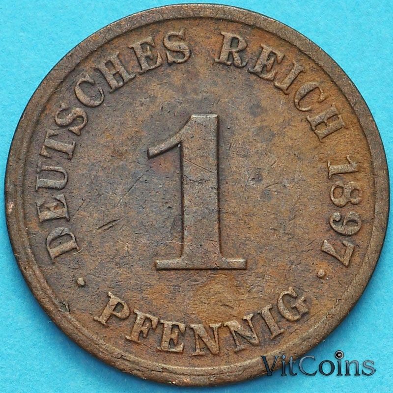 Монета Германия 1 пфенниг 1897 год. J.