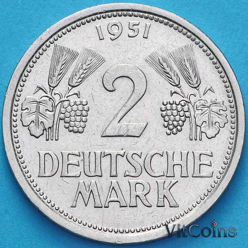 Монета ФРГ 2 марки 1951 год.  J.