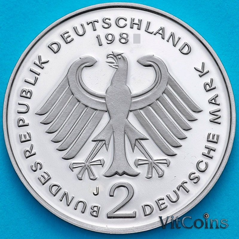 Монета ФРГ 2 марки 1981 год. Теодор Хойс. J. Пруф Монета ФРГ 2 марки 1981 год. Теодор Хойс. J. Пруф