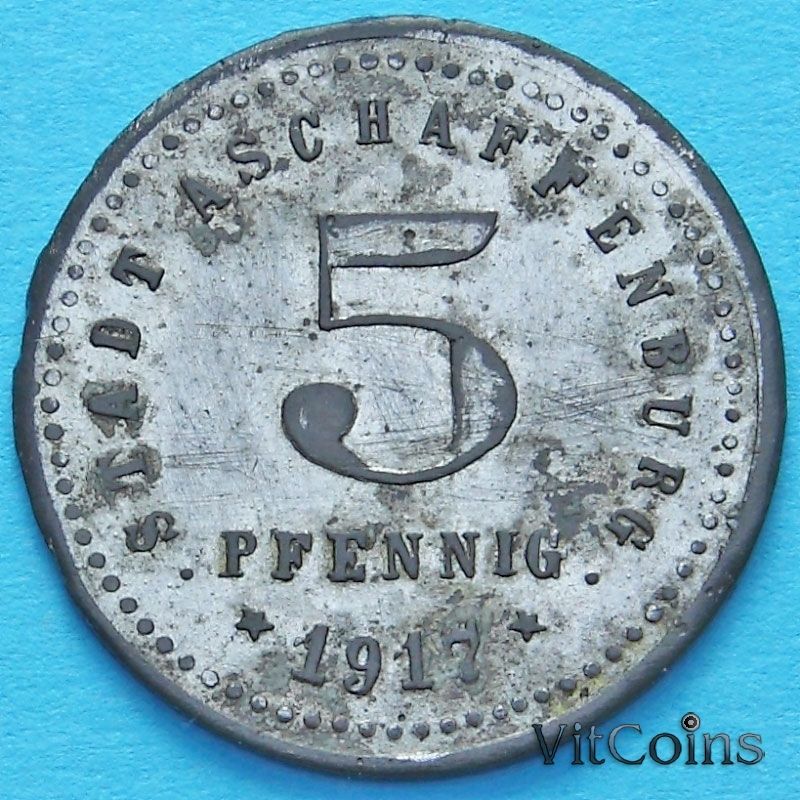 Монета Германии 5 пфеннигов 1917 год. Нотгельд Ашаффенбург.