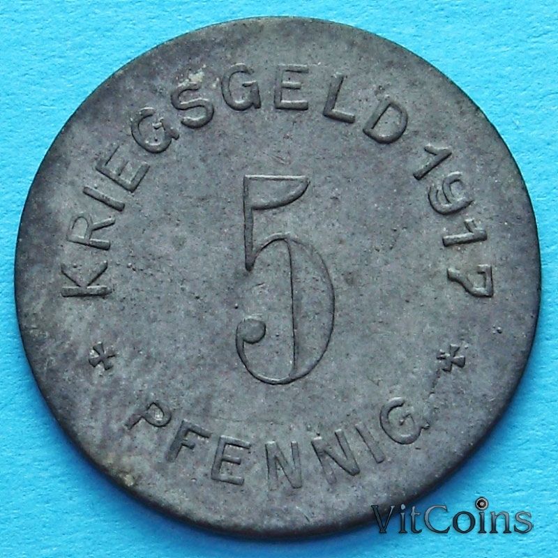 Монета Германии 5 пфеннигов 1917 год. Нотгельд Меттман. Цинк без покрытия.