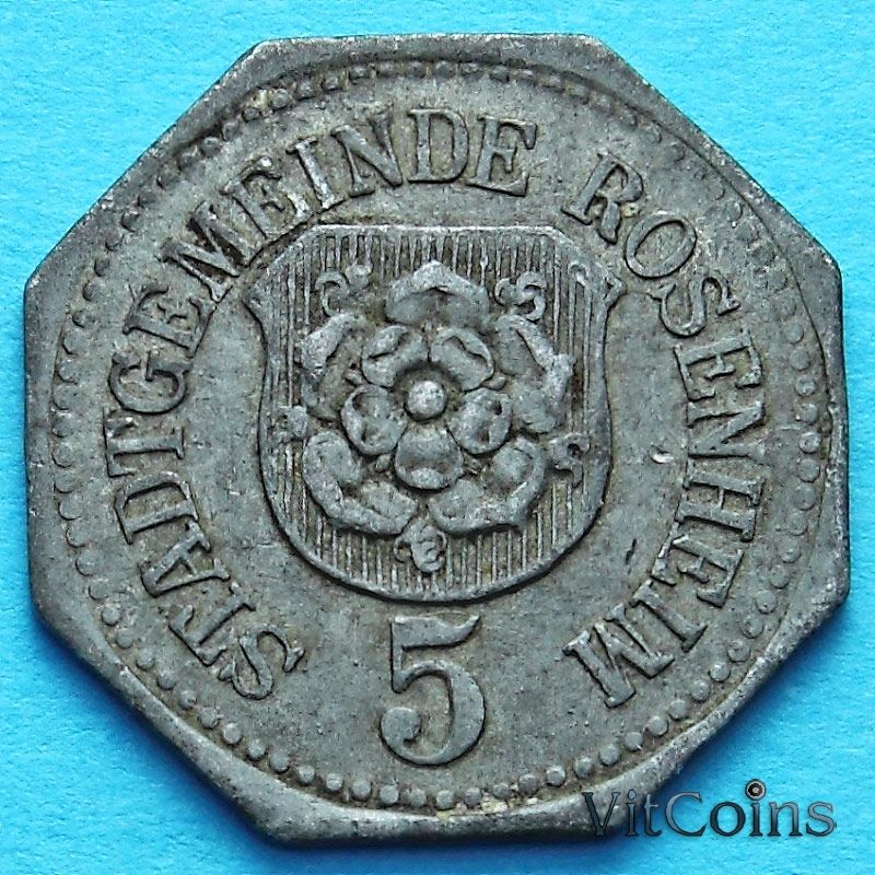 Монета Германии 5 пфеннигов 1917 год. Нотгельд Розенхайм. Монета Германии 5 пфеннигов 1917 год. Нотгельд Розенхайм.