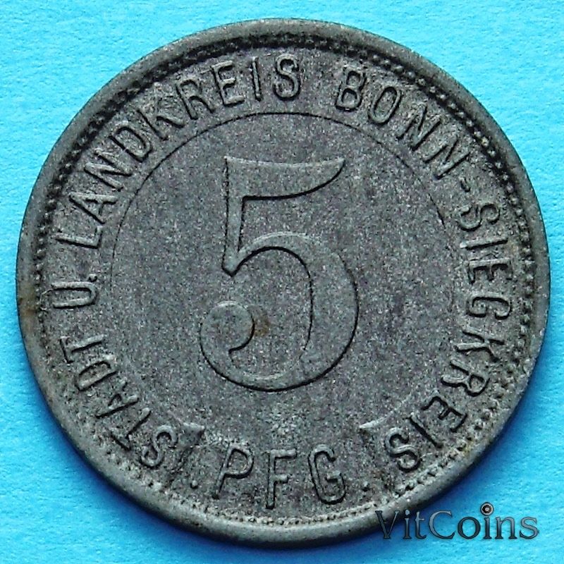 Монета Германии 5 пфеннигов 1919 год. Нотгельд Бонн-Зиг.