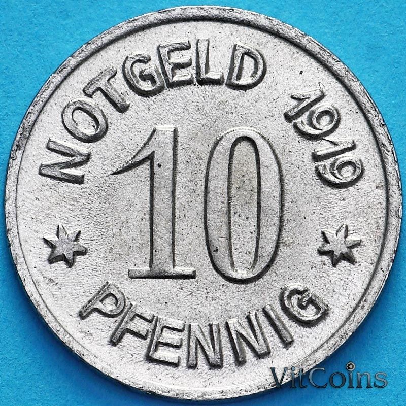 Монета Германии 10 пфеннигов 1919 год. Нотгельд Бинген на Рейне.