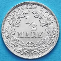 Германия 1/2 марки 1917 год. Серебро. D.