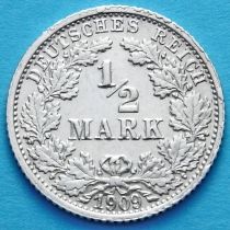 Германия 1/2 марки 1909 год. Серебро. F.