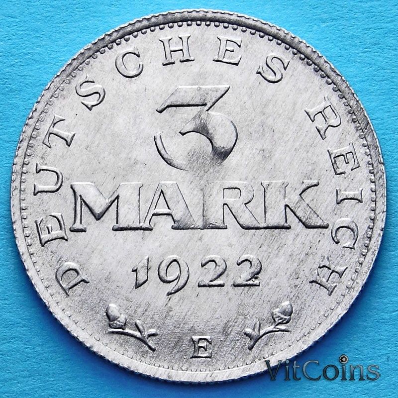 Монета Германии 3 марки 1922 год. Е.