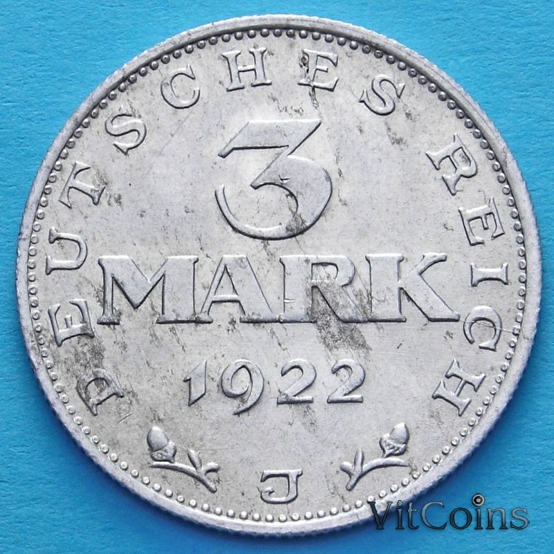 Монета Германии 3 марки 1922 год. Веймарская Конституция.  J.