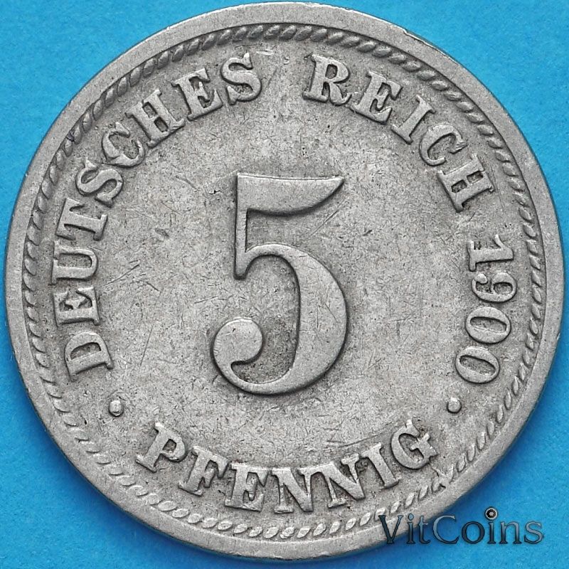 Монета Германии 5 пфеннигов 1900 год. Е