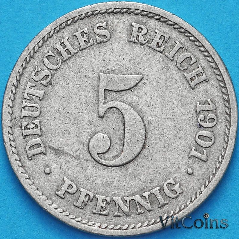 Монета Германии 5 пфеннигов 1901 год. J