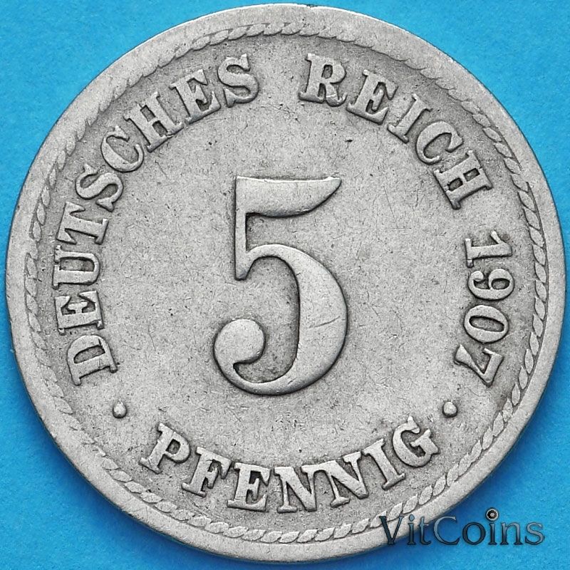 Монета Германии 5 пфеннигов 1907 год. F