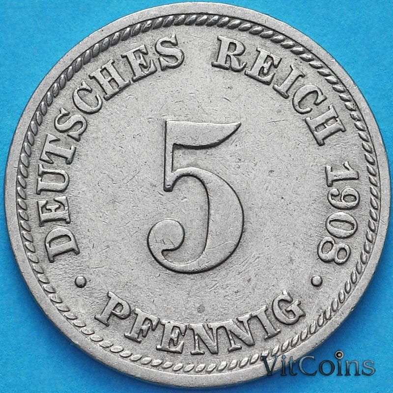Монета Германии 5 пфеннигов 1908 год. Е