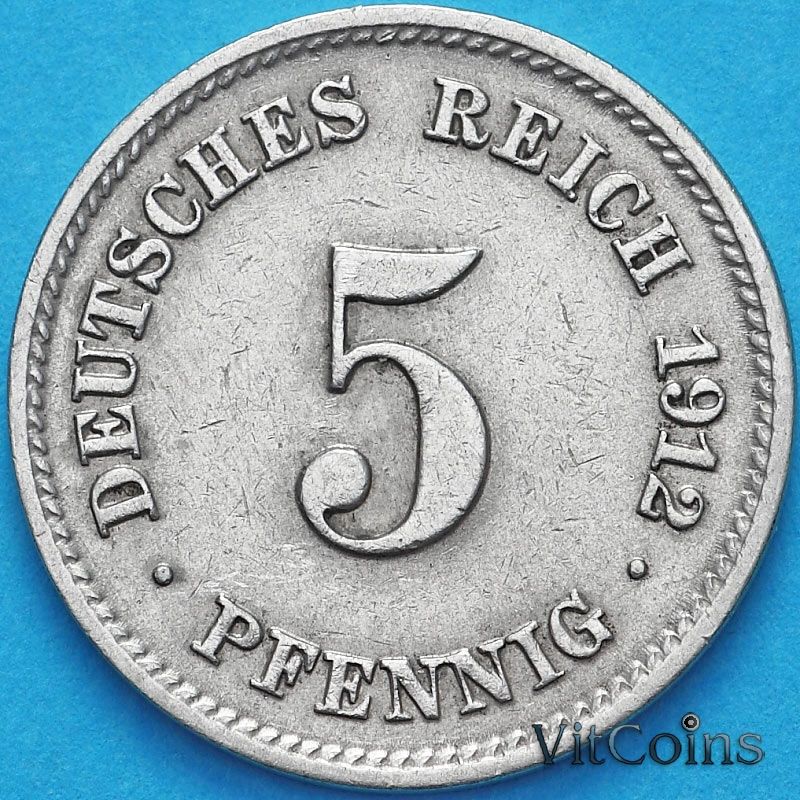 Монета Германии 5 пфеннигов 1912 год. J