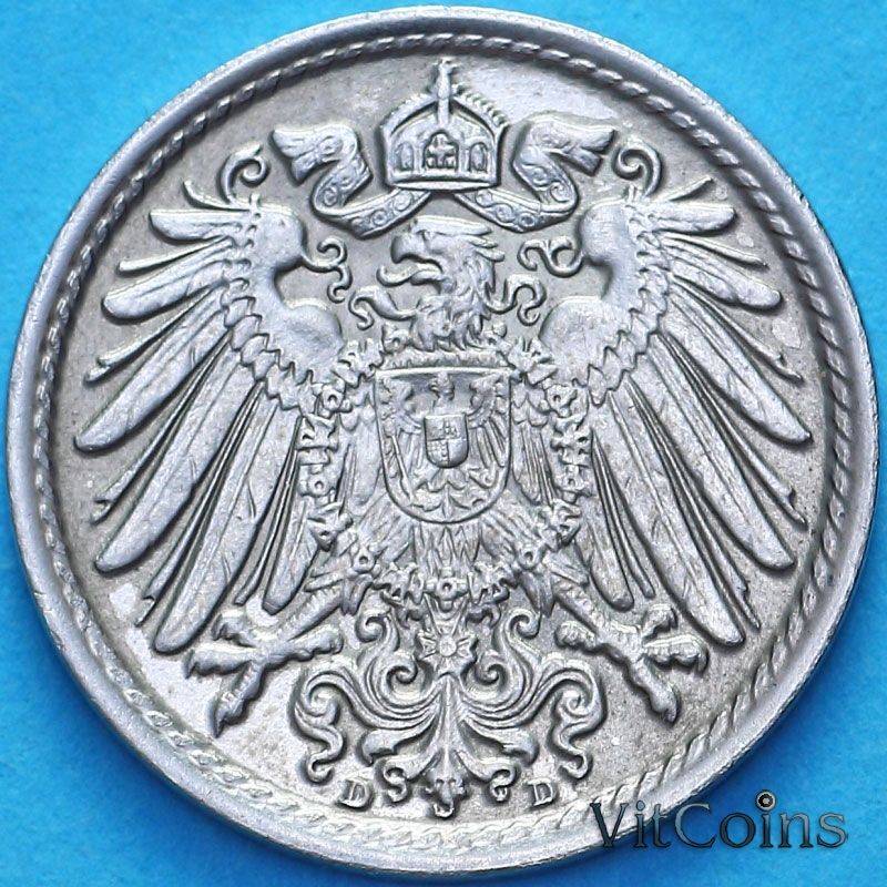 Монета Германия 5 пфеннигов 1915 год. D.