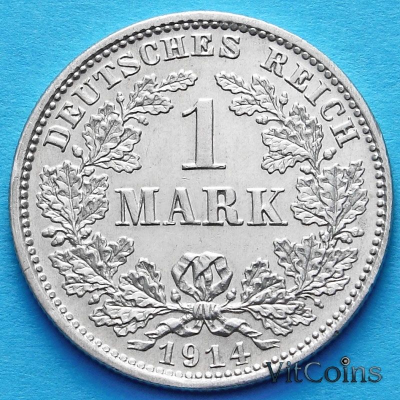 Монета Германии 1 марка 1914 год. Серебро D.