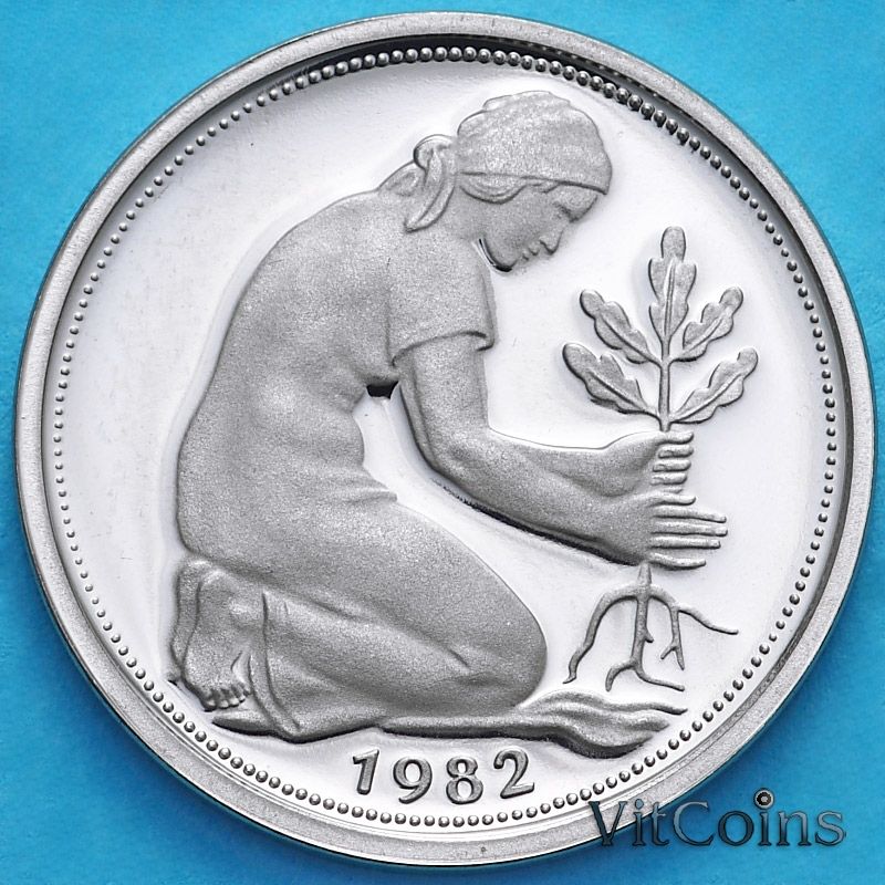 Монета ФРГ 50 пфеннигов 1982 год. F. Пруф. Монета ФРГ 50 пфеннигов 1982 год. F. Пруф.