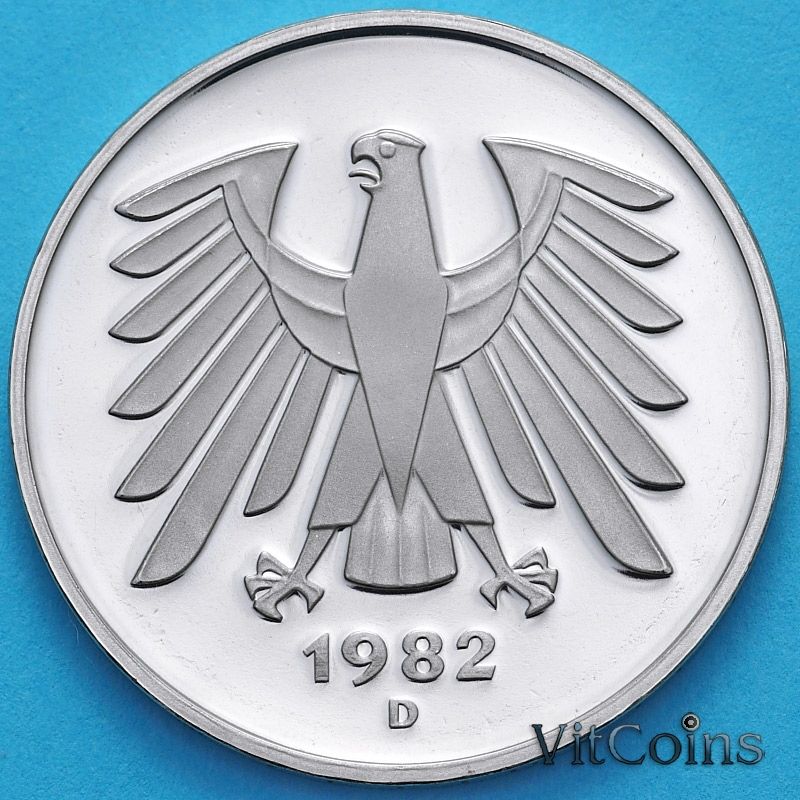 Монета ФРГ 5 марок 1982 год. D. Пруф Монета ФРГ 5 марок 1982 год. D. Пруф