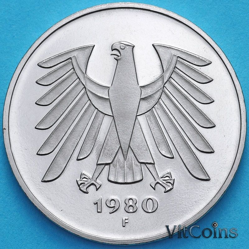 Монета ФРГ 5 марок 1980 год. F. Пруф