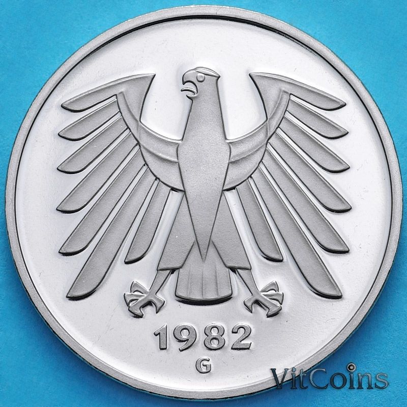 Монета ФРГ 5 марок 1982 год. G. Пруф Монета ФРГ 5 марок 1982 год. G. Пруф