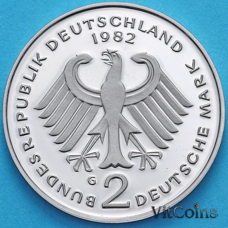 Монета ФРГ 2 марки 1982 год. Курт Шумахер. G. Пруф.