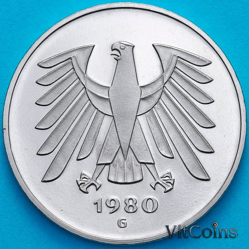 Монета ФРГ 5 марок 1980 год. G. Пруф