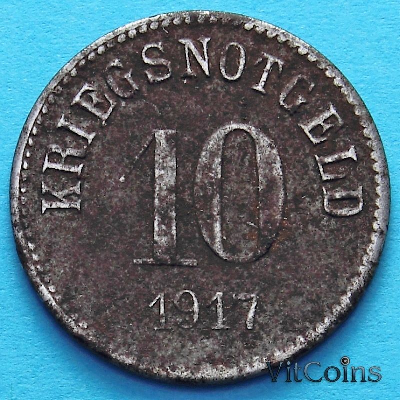 Монета Германии 10 пфеннигов 1917 год. Нотгельд Фюрт, железо.