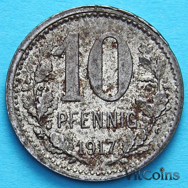 Монета Германии 10 пфеннигов 1917 год. Нотгельд Унна.  Железо.