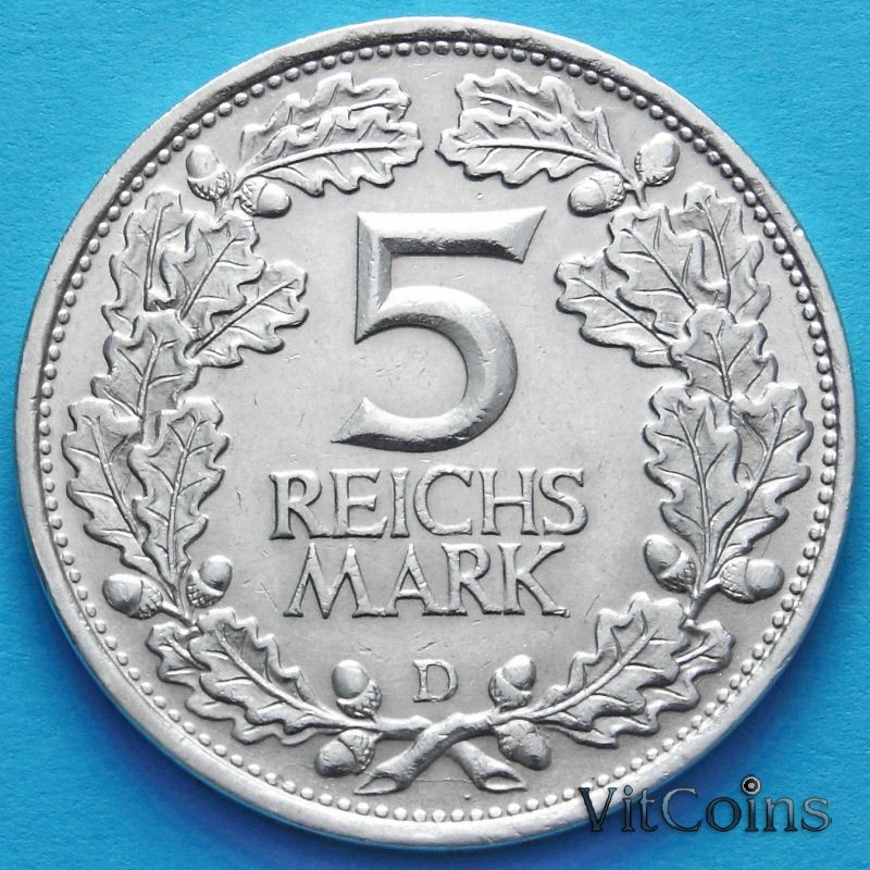 Монета Германии 5 рейхсмарок 1925 год. Тысячелетие Рейнской области. D.