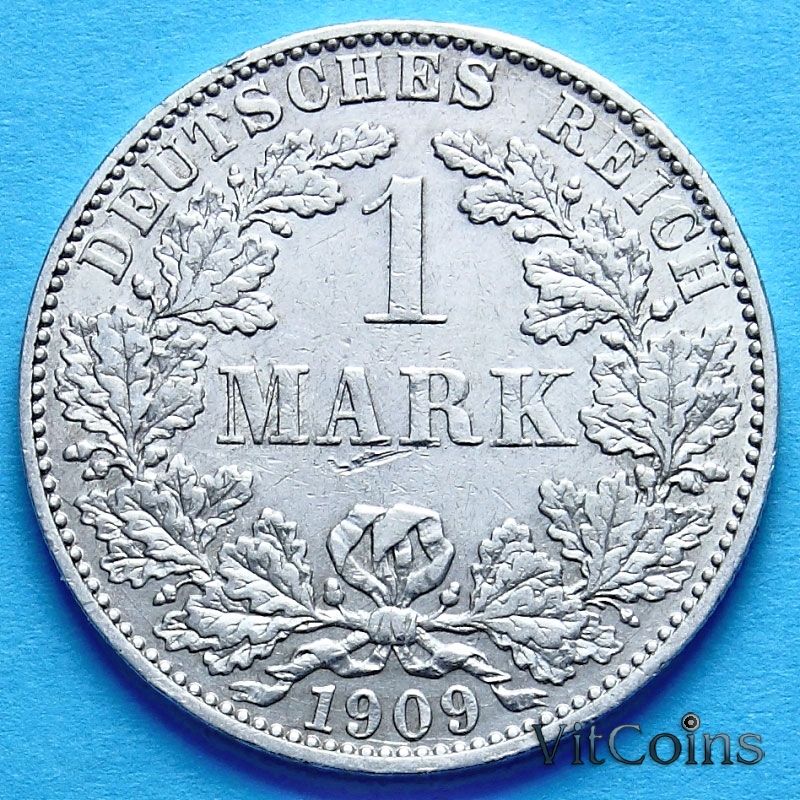 Монета Германии 1 марка 1909 г. Серебро. А.