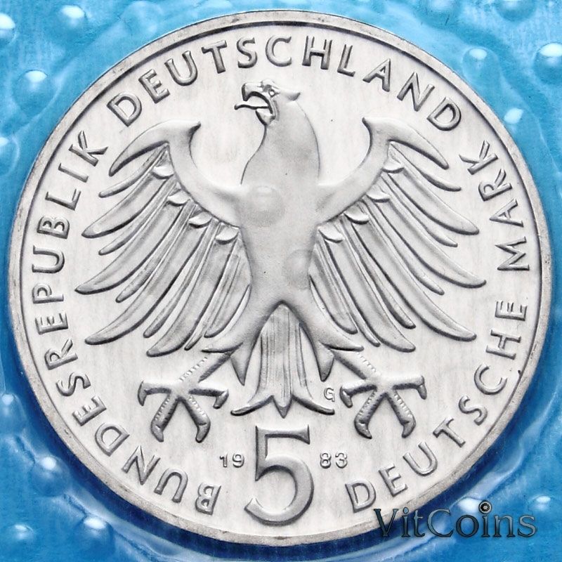 Монета ФРГ 5 марок 1983 год. Мартин Лютер. Пруф Монета ФРГ 5 марок 1983 год. Мартин Лютер. Пруф