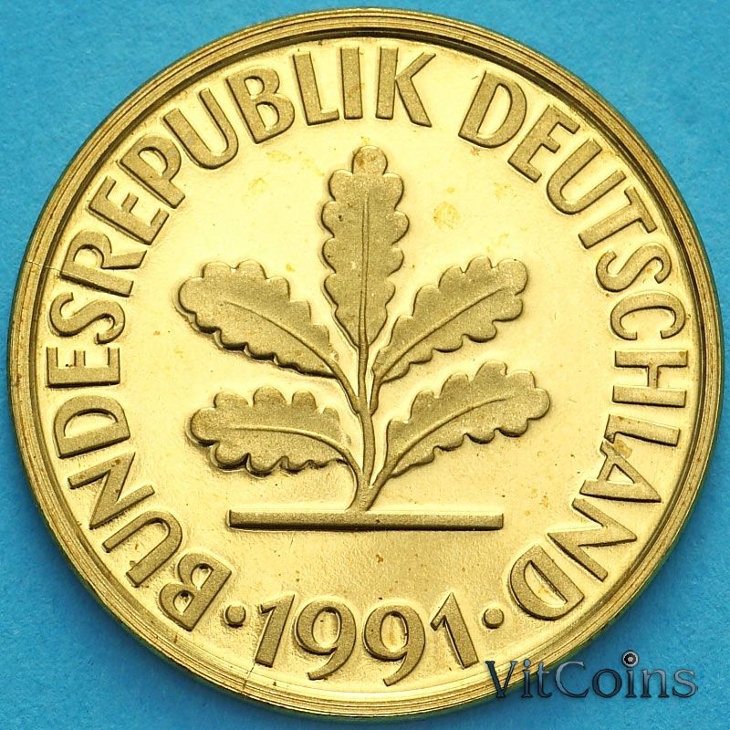 Монета ФРГ 10 пфеннигов 1991 год. F. Пруф.