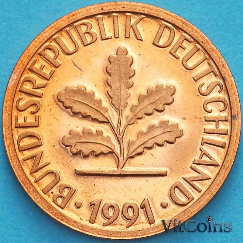 Монета ФРГ 1 пфенниг 1991 год. F. Пруф.