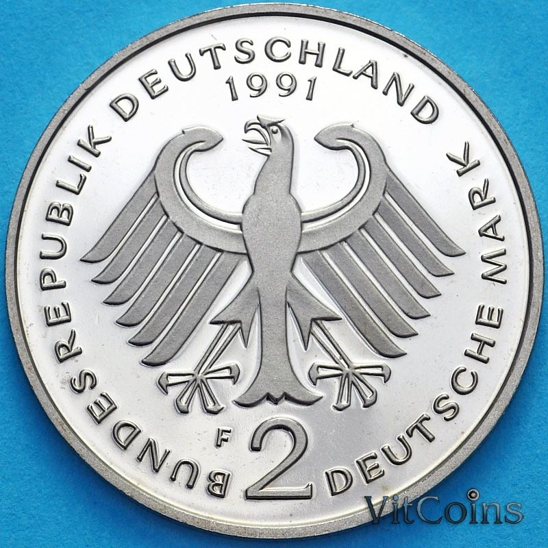 Монета ФРГ 2 марки 1991 год. Курт Шумахер. Пруф. F