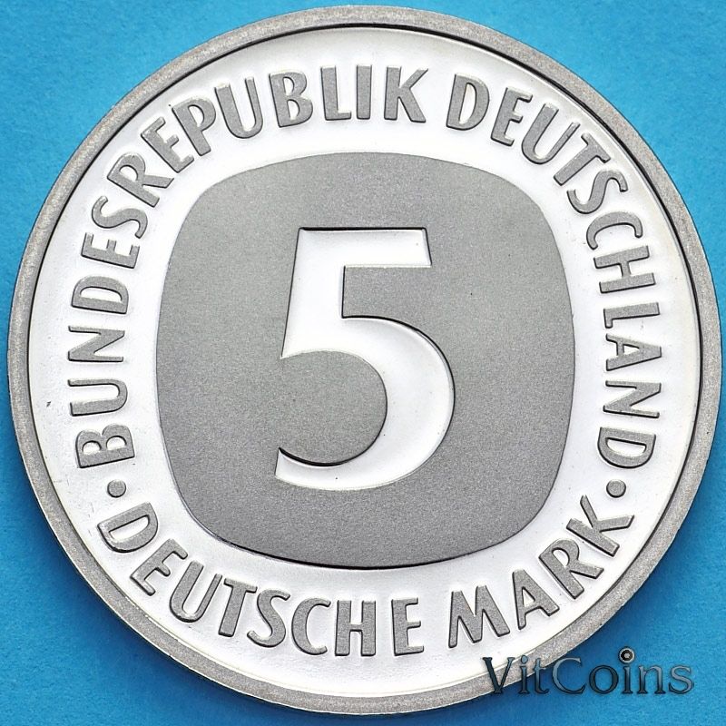 Монета ФРГ 5 марок 1991 год. F. Пруф